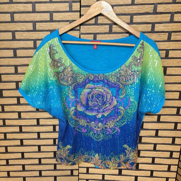 Bongo Blue Sequin Front Floral Top Size Small - Picture 1 of 10